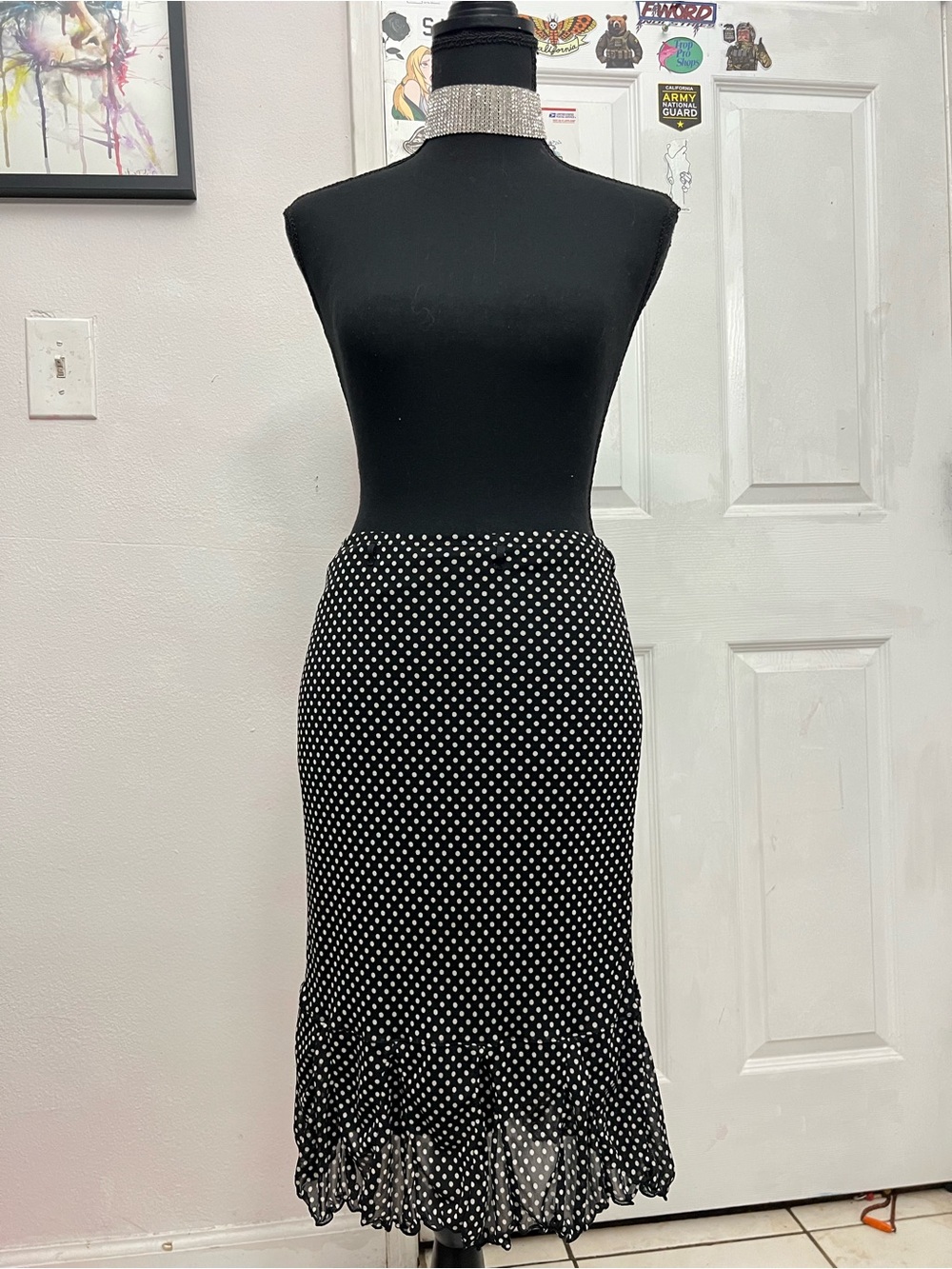 Black Polka Dot Ruffle Hem Midi Skirt - Classic Women's Skirt